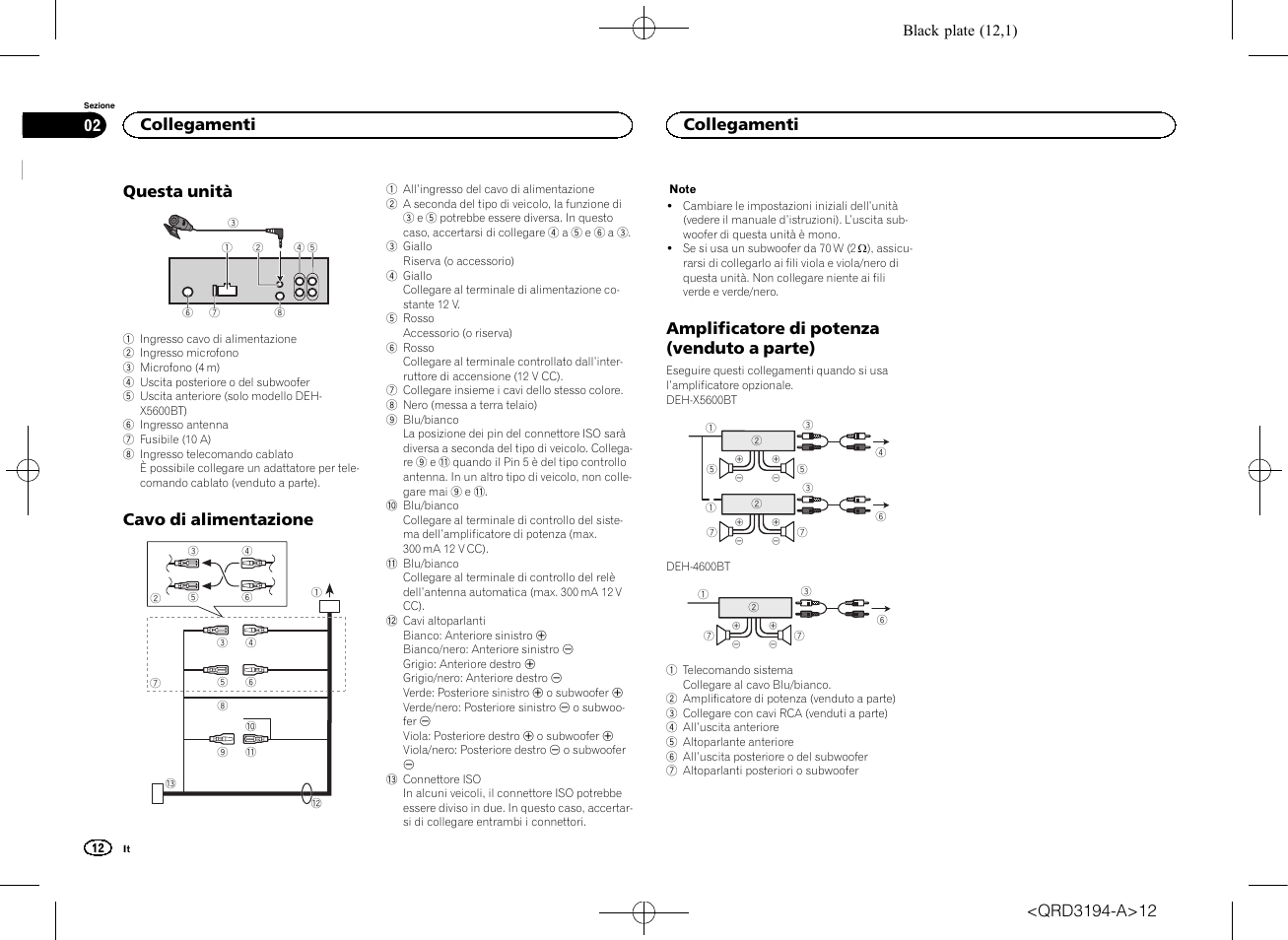 Questa unità, Cavo di alimentazione, Amplificatore di potenza (venduto a parte) | Collegamenti | Pioneer DEH-4600BT User Manual | Page 12 / 32