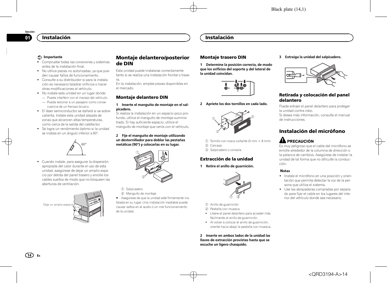 Manual de instalación, Reproductor de cd con receptor rds, Montaje delantero/posterior de din | Instalación del micrófono, Instalación | Pioneer DEH-4600BT User Manual | Page 14 / 32