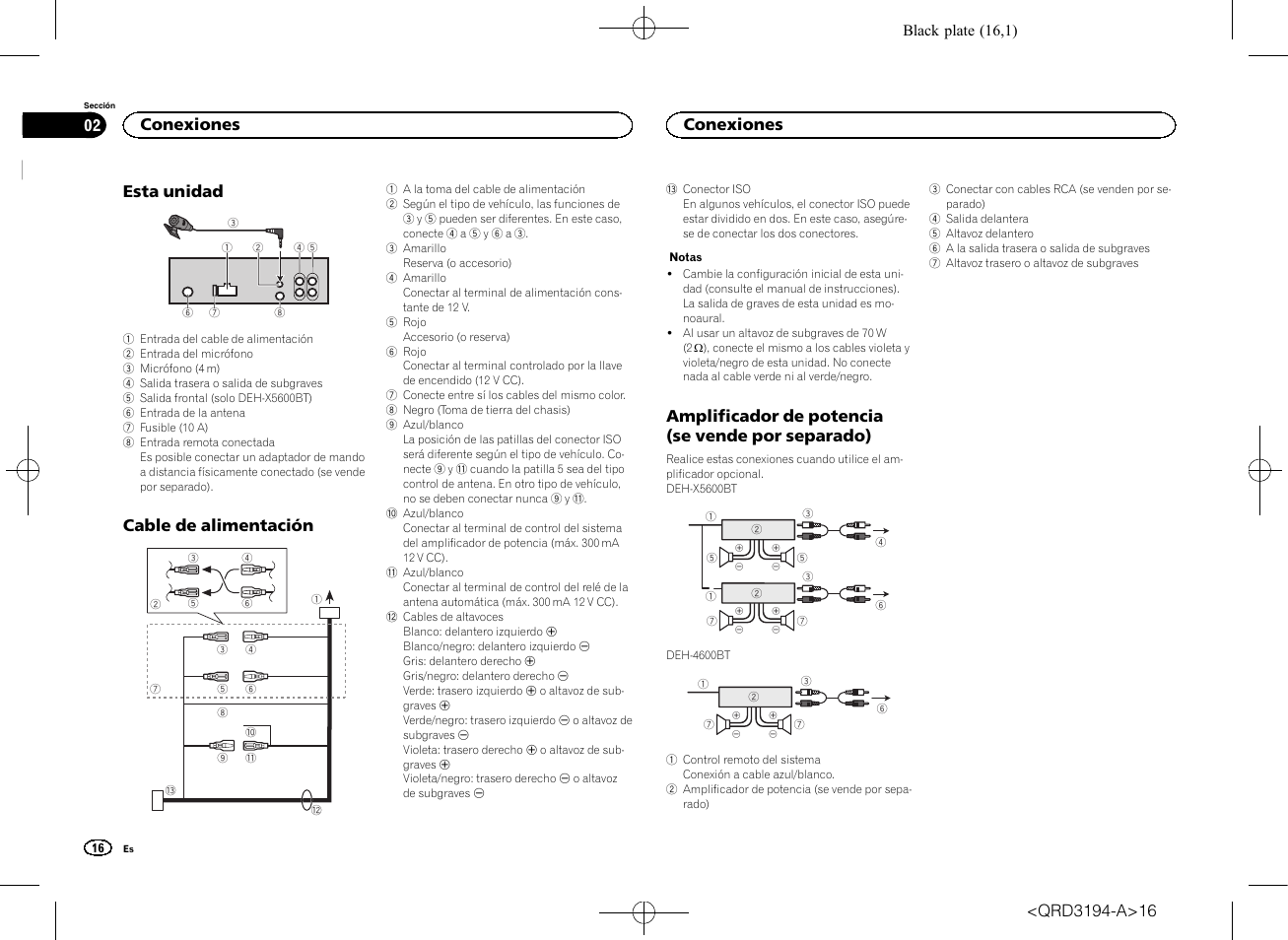 Esta unidad, Cable de alimentación, Amplificador de potencia (se vende por separado) | Conexiones | Pioneer DEH-4600BT User Manual | Page 16 / 32