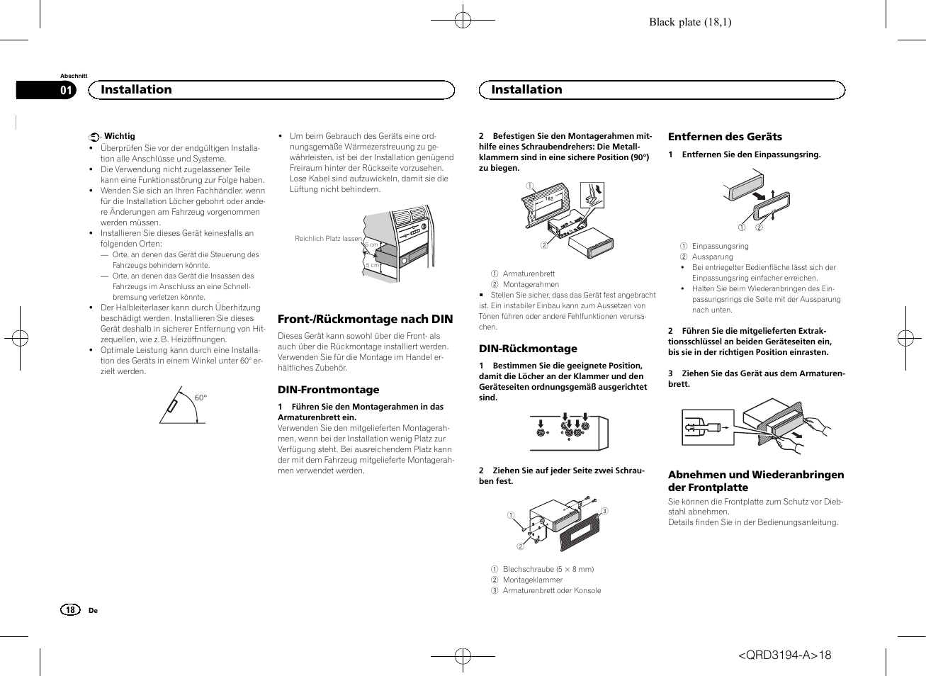 Installationsanleitung, Cd rds-empfänger, Front-/rückmontage nach din | Installation | Pioneer DEH-4600BT User Manual | Page 18 / 32