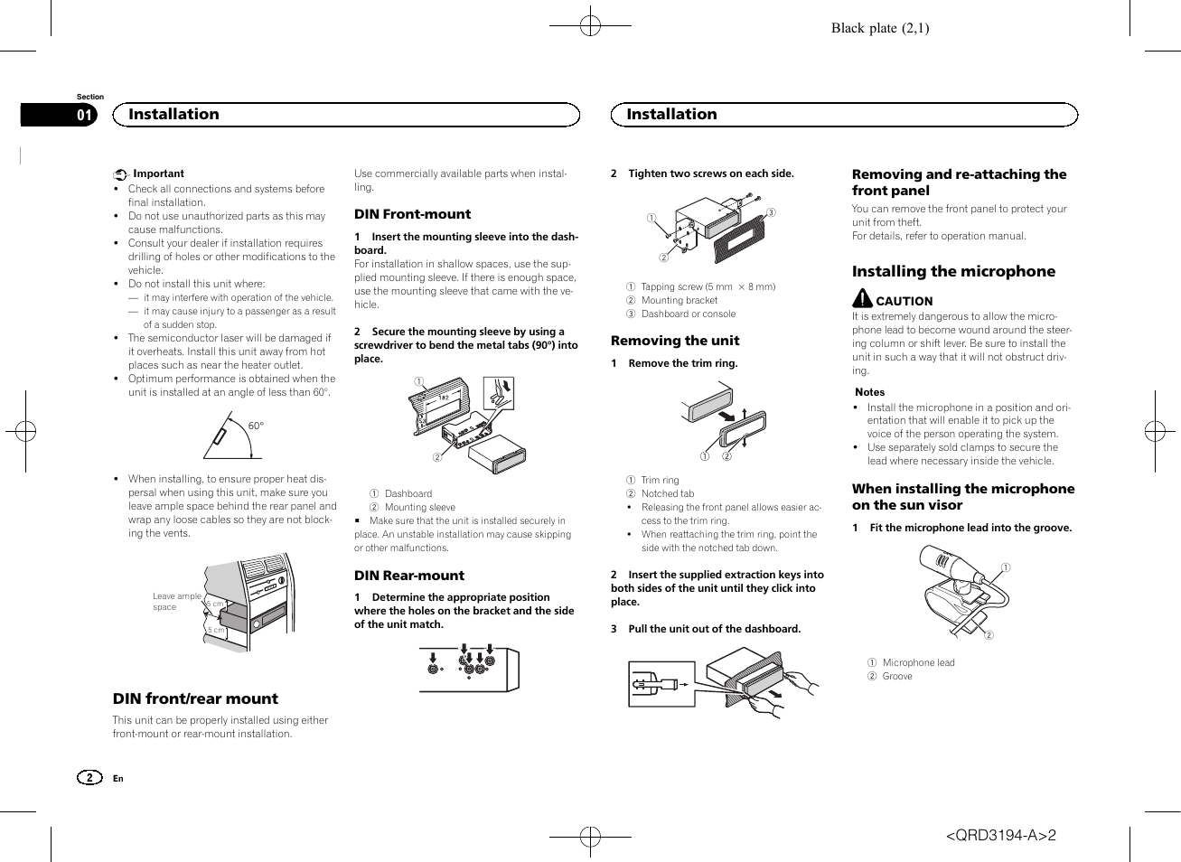 Installation manual, Cd rds receiver, Din front/rear mount | Installing the microphone, Installation | Pioneer DEH-4600BT User Manual | Page 2 / 32