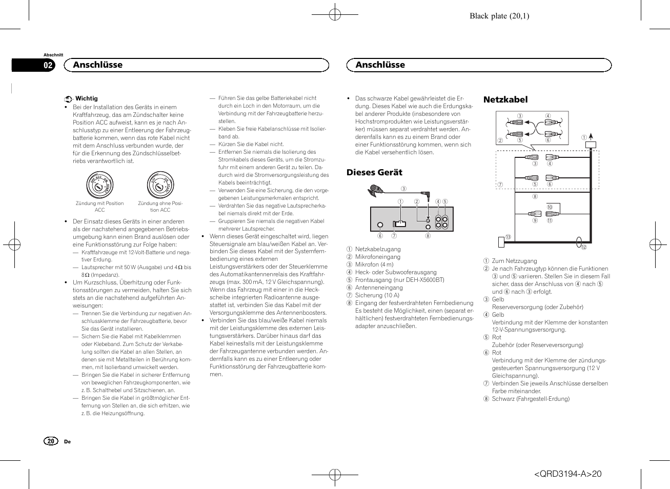 Dieses gerät, Netzkabel, Anschlüsse | Pioneer DEH-4600BT User Manual | Page 20 / 32