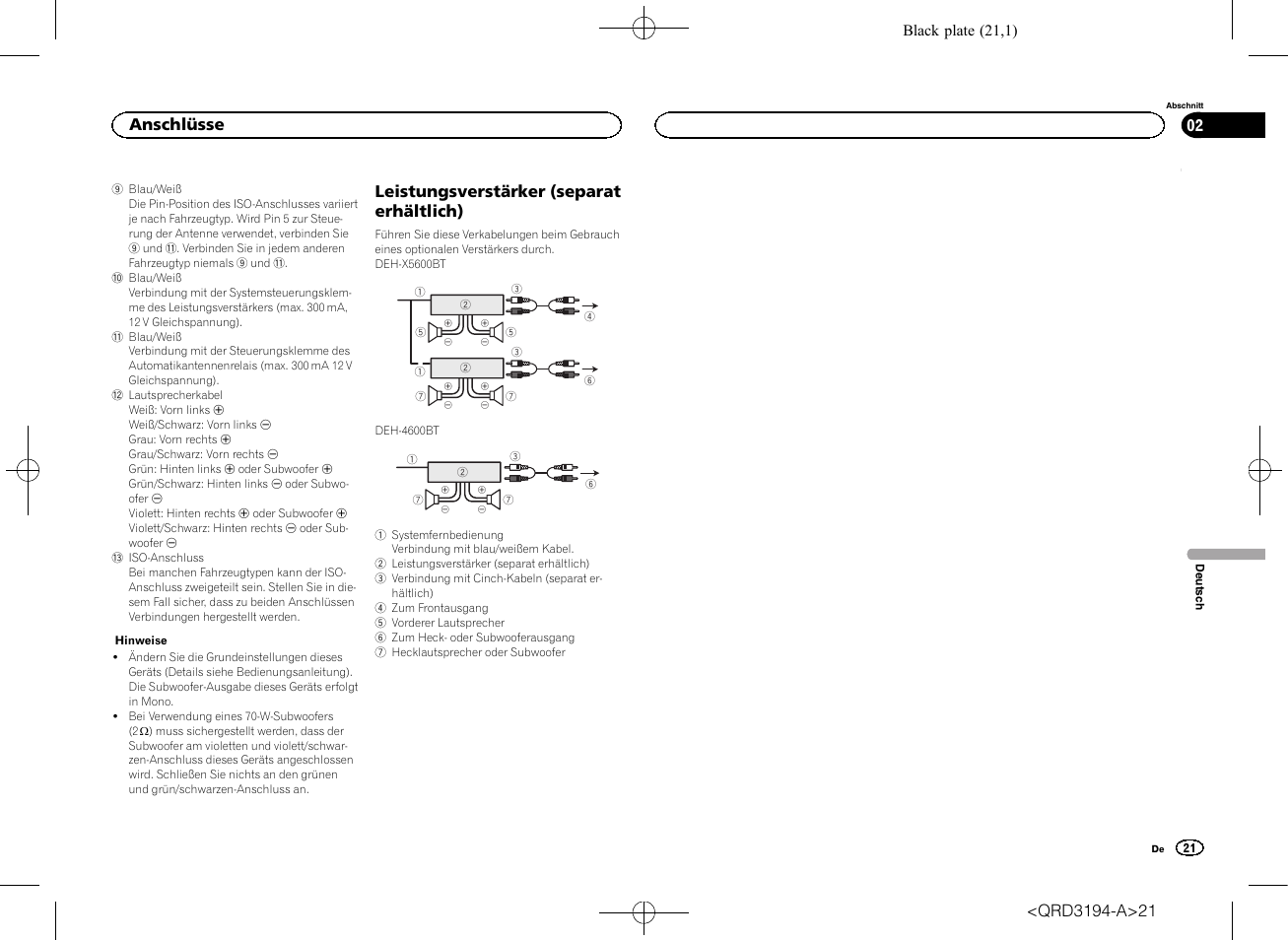 Leistungsverstärker (separat erhältlich), Anschlüsse | Pioneer DEH-4600BT User Manual | Page 21 / 32
