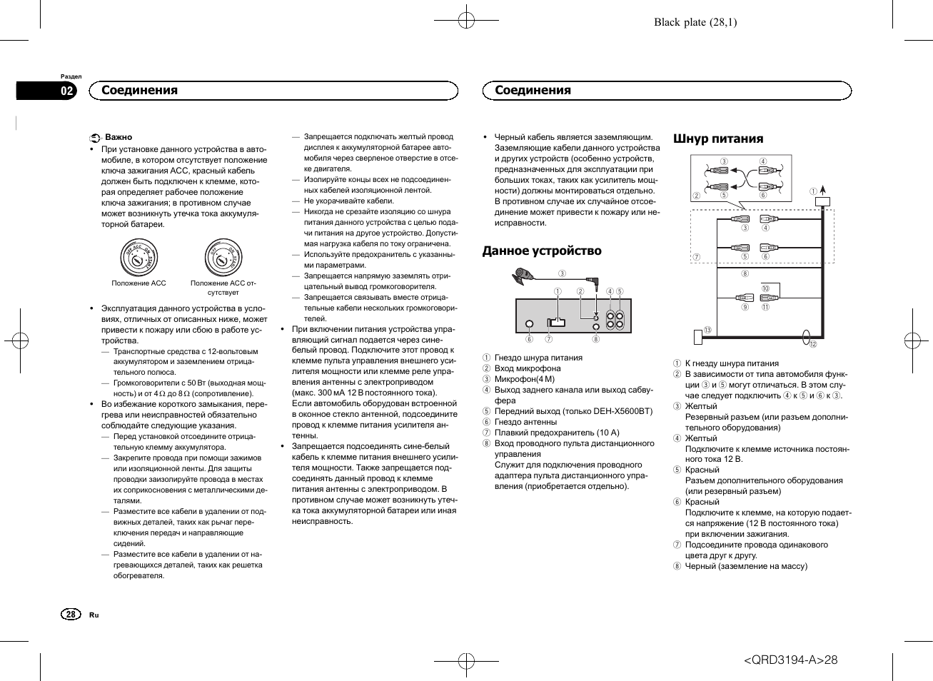 Данное устройство, Шнур питания, Соединения | Pioneer DEH-4600BT User Manual | Page 28 / 32
