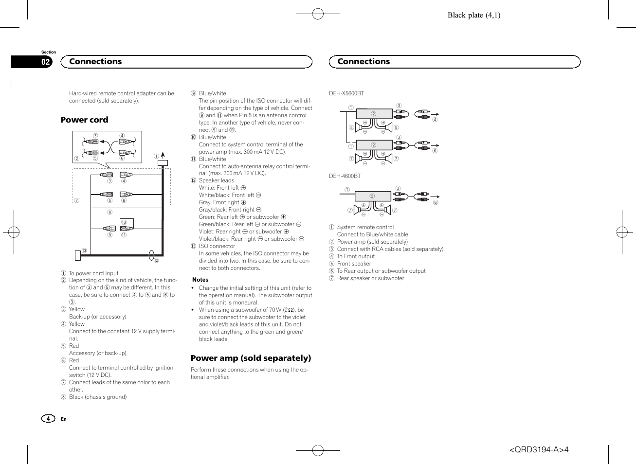 Power cord, Power amp (sold separately), Connections | Pioneer DEH-4600BT User Manual | Page 4 / 32