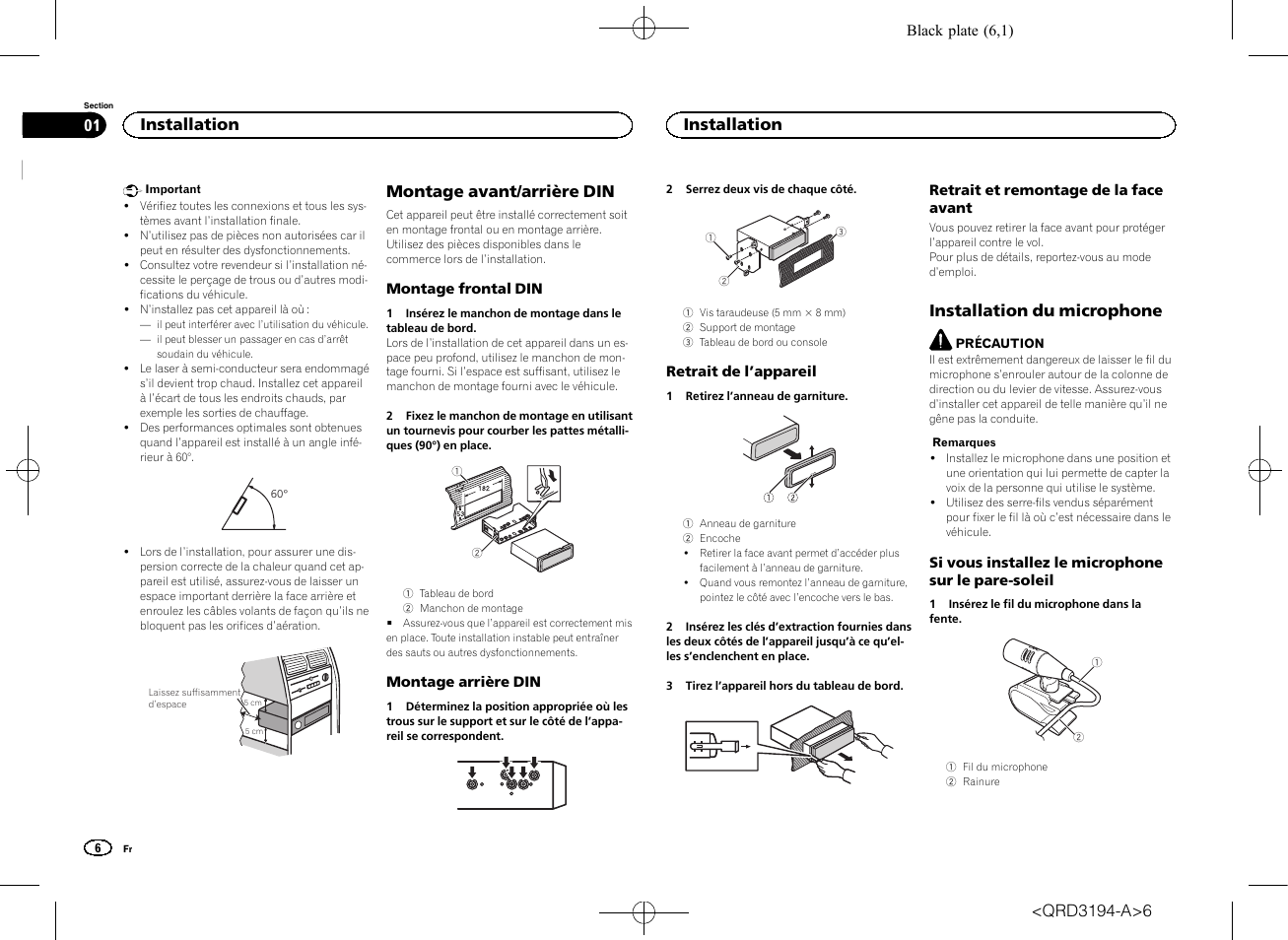 Manuel d, Installation, Autoradio cd rds | Montage avant/arrière din, Installation du microphone | Pioneer DEH-4600BT User Manual | Page 6 / 32