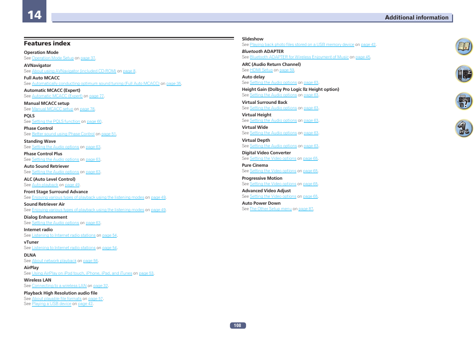 Features index | Pioneer VSX-923-S User Manual | Page 108 / 115