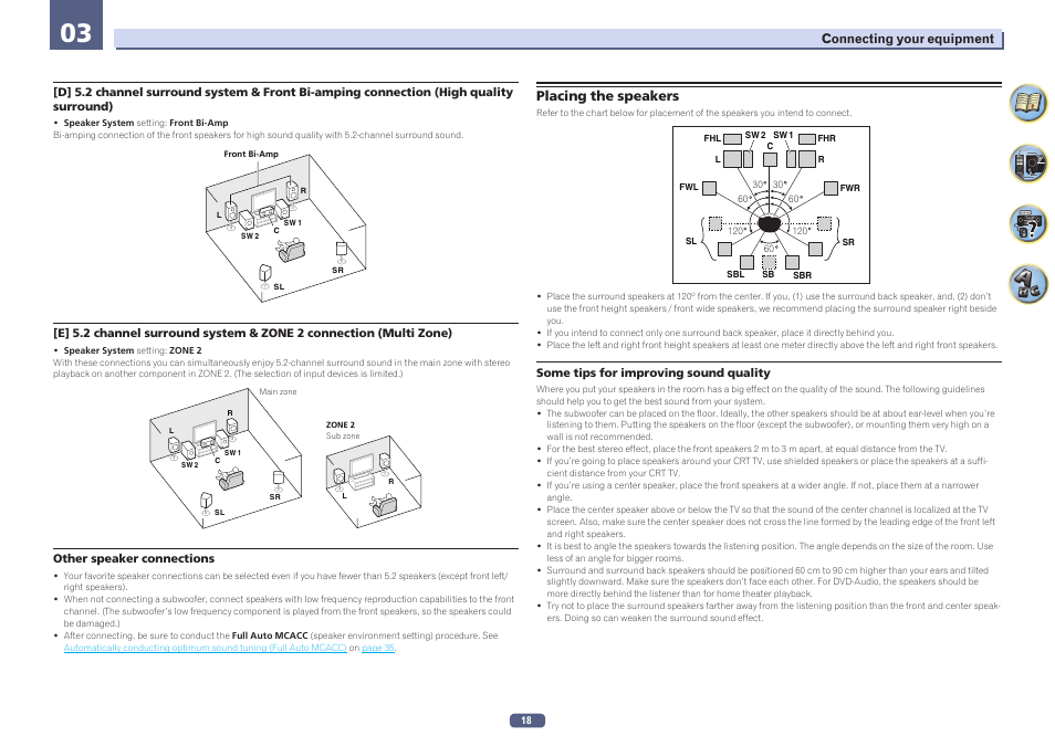 Placing the speakers | Pioneer VSX-923-S User Manual | Page 18 / 115