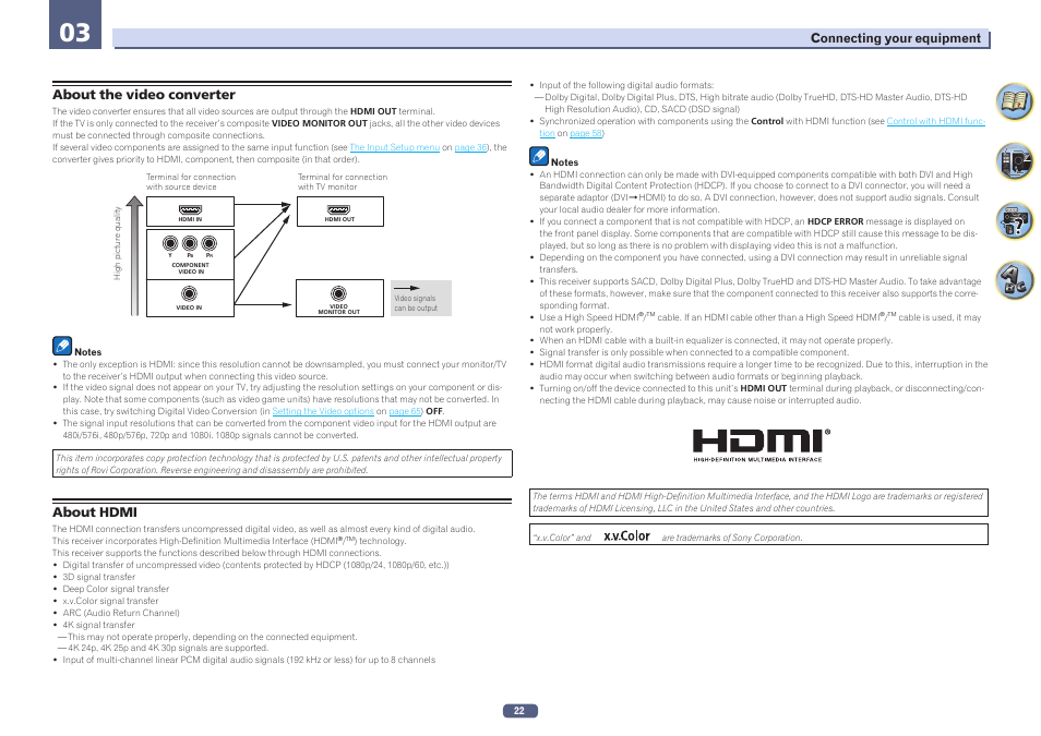 About the video converter about hdmi | Pioneer VSX-923-S User Manual | Page 22 / 115