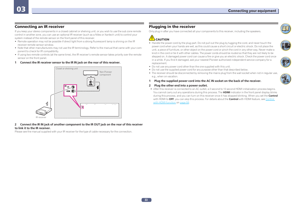 Connecting an ir receiver plugging in the receiver | Pioneer VSX-923-S User Manual | Page 33 / 115