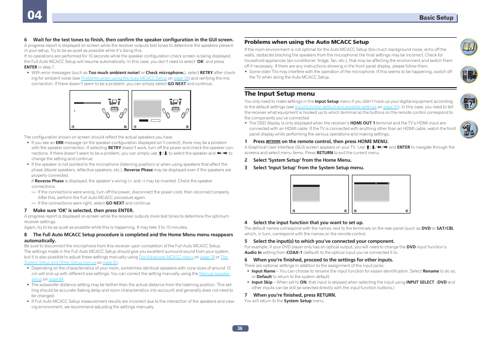 The input setup menu, Basic setup, Problems when using the auto mcacc setup | Pioneer VSX-923-S User Manual | Page 36 / 115