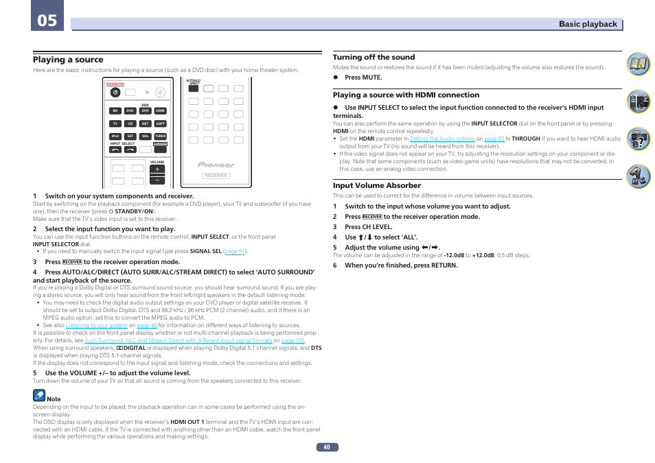 05 basic playback, Playing a source | Pioneer VSX-923-S User Manual | Page 40 / 115