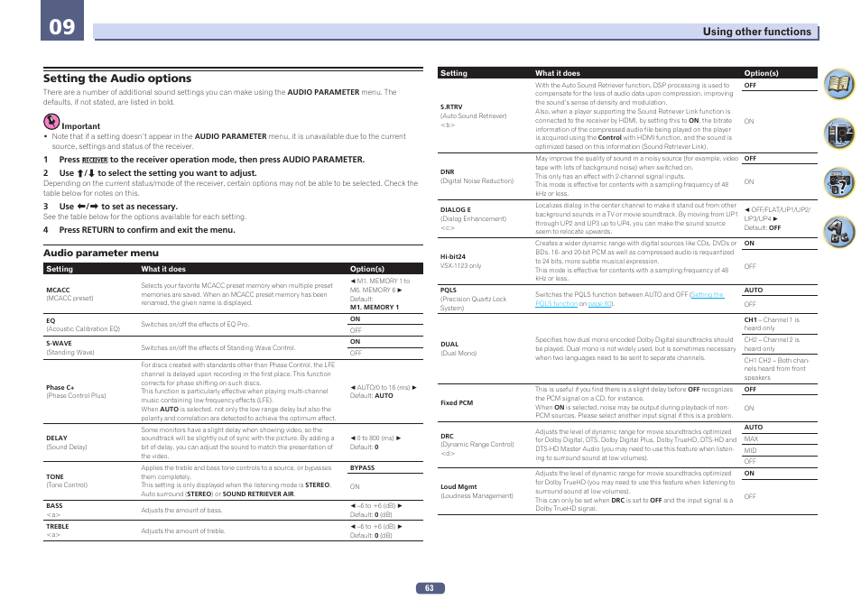 09 using other functions, Setting the audio options | Pioneer VSX-923-S User Manual | Page 63 / 115