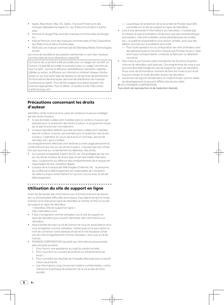 Précautions concernant les droits d’auteur, Utilisation du site de support en ligne | Pioneer XDJ-AERO User Manual | Page 12 / 60
