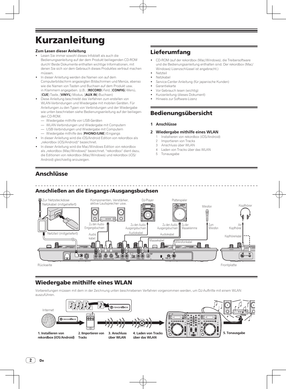 Kurzanleitung, Dj-system, Lieferumfang | Bedienungsübersicht, Anschlüsse, Wiedergabe mithilfe eines wlan, Anschließen an die eingangs-/ausgangsbuchsen | Pioneer XDJ-AERO User Manual | Page 14 / 60