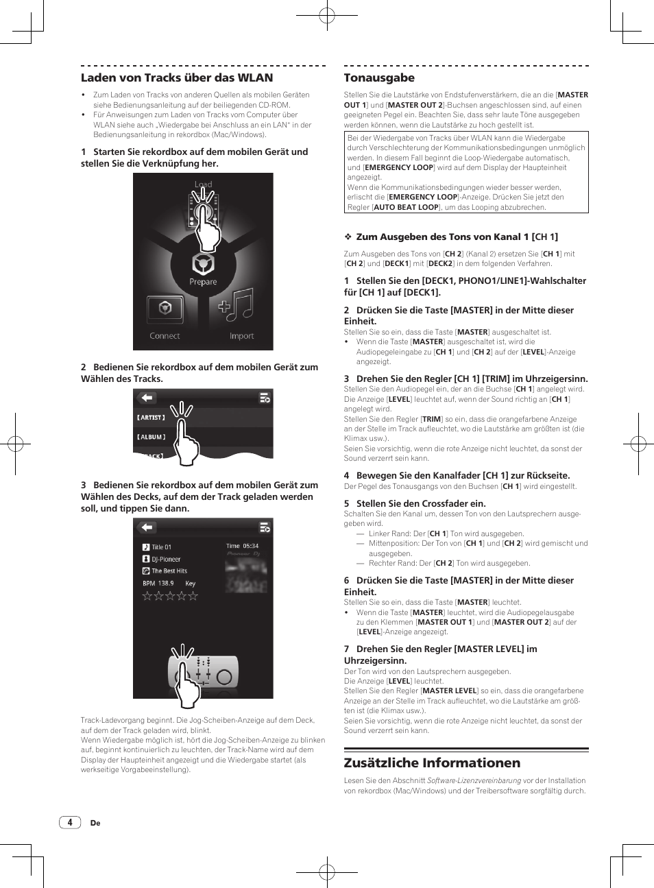 Zusätzliche informationen, Laden von tracks über das wlan, Tonausgabe | Pioneer XDJ-AERO User Manual | Page 16 / 60