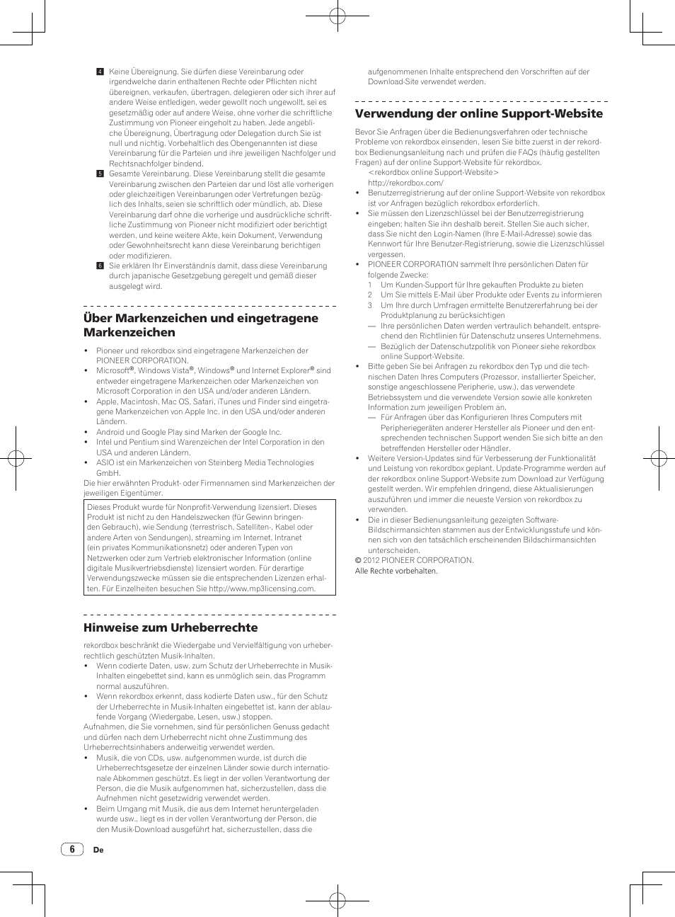 Über markenzeichen und eingetragene markenzeichen, Hinweise zum urheberrechte, Verwendung der online support-website | Pioneer XDJ-AERO User Manual | Page 18 / 60