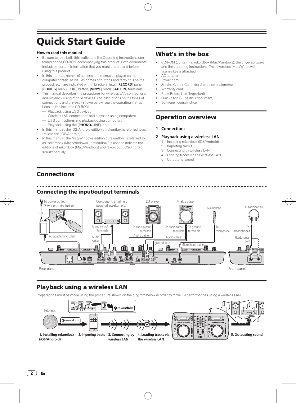 Quick start guide, Dj system, What’s in the box | Operation overview, Connections, Playback using a wireless lan, Connecting the input/output terminals | Pioneer XDJ-AERO User Manual | Page 2 / 60