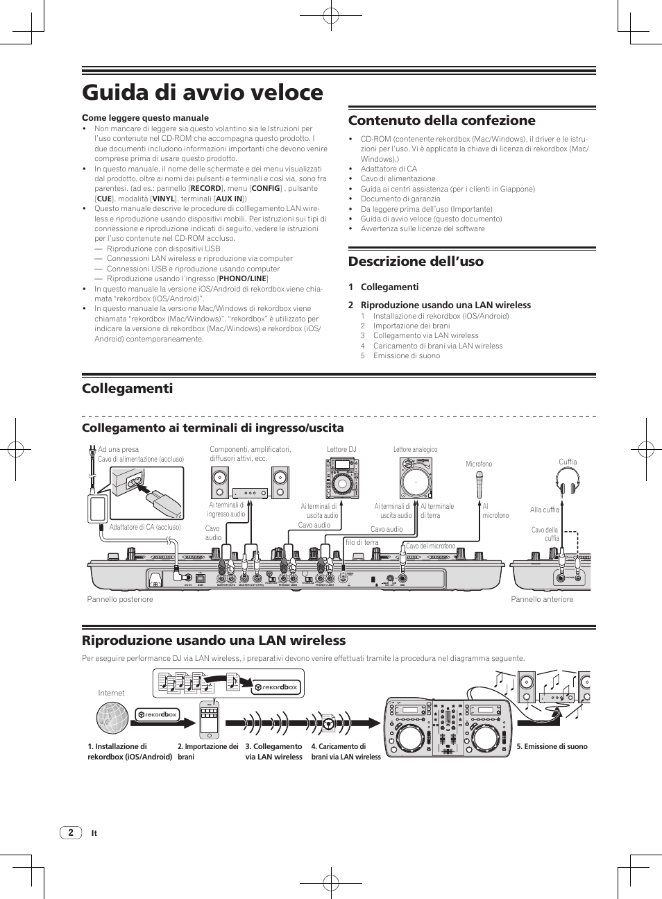 Guida di avvio veloce, Sistema dj, Contenuto della confezione | Descrizione dell’uso, Collegamenti, Riproduzione usando una lan wireless, Collegamento ai terminali di ingresso/uscita | Pioneer XDJ-AERO User Manual | Page 20 / 60