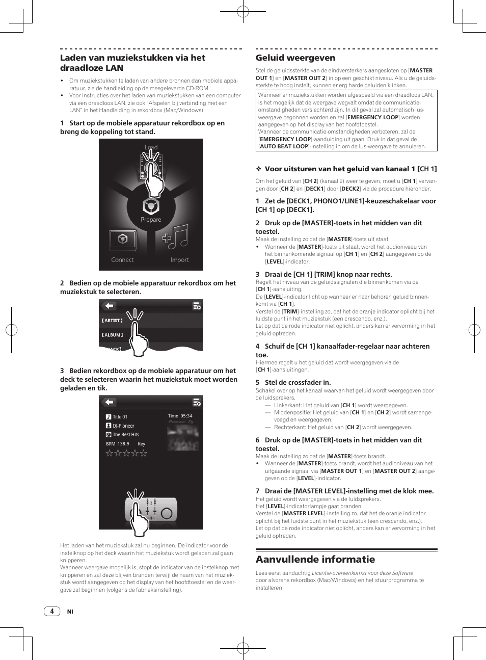 Aanvullende informatie, Laden van muziekstukken via het draadloze lan, Geluid weergeven | Pioneer XDJ-AERO User Manual | Page 28 / 60