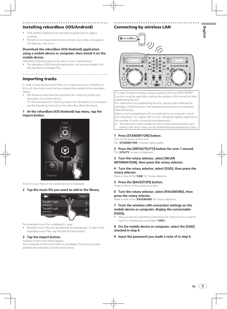 Installing rekordbox (ios/android), Importing tracks, Connecting by wireless lan | Pioneer XDJ-AERO User Manual | Page 3 / 60