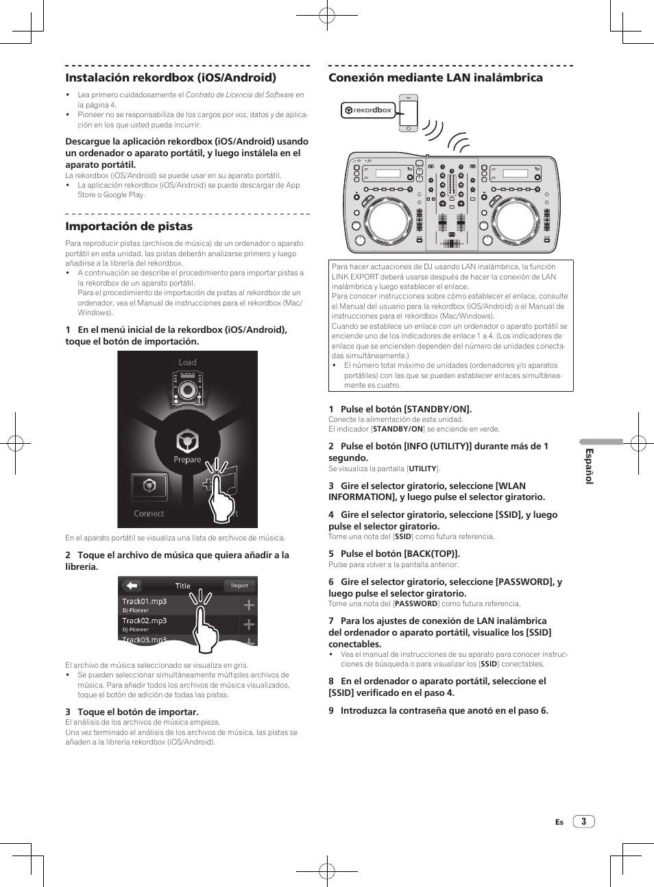 Instalación rekordbox (ios/android), Importación de pistas, Conexión mediante lan inalámbrica | Pioneer XDJ-AERO User Manual | Page 33 / 60