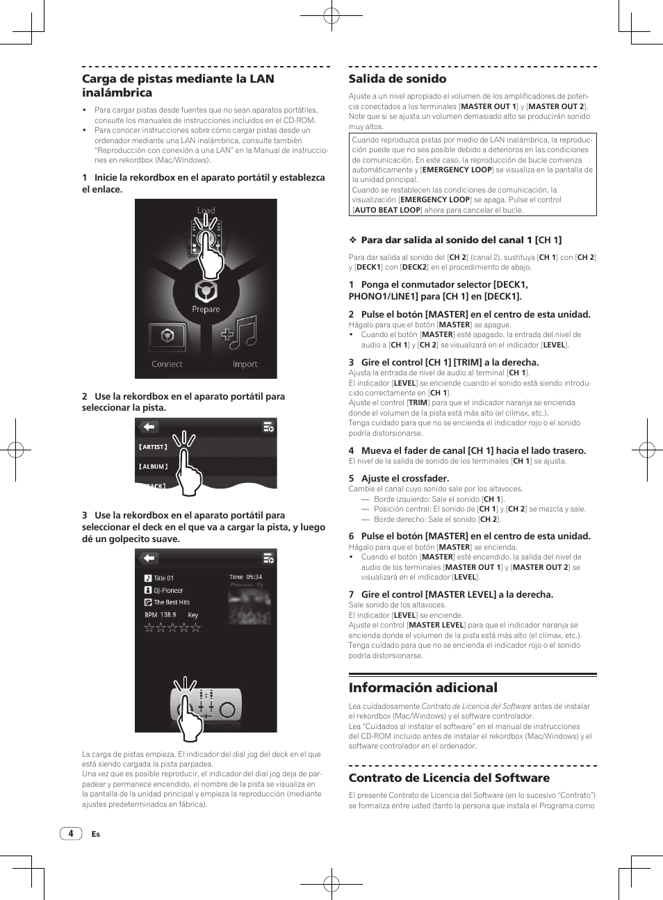 Información adicional, Carga de pistas mediante la lan inalámbrica, Salida de sonido | Contrato de licencia del software | Pioneer XDJ-AERO User Manual | Page 34 / 60
