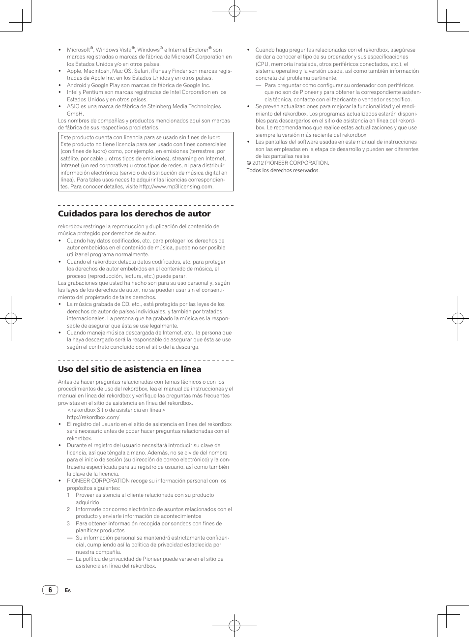 Cuidados para los derechos de autor, Uso del sitio de asistencia en línea | Pioneer XDJ-AERO User Manual | Page 36 / 60