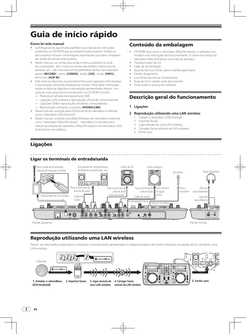 Guia de início rápido, Sistema de dj, Conteúdo da embalagem | Descrição geral do funcionamento, Ligações, Reprodução utilizando uma lan wireless, Ligar os terminais de entrada/saída | Pioneer XDJ-AERO User Manual | Page 38 / 60