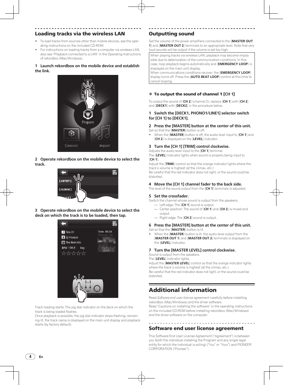 Additional information, Loading tracks via the wireless lan, Outputting sound | Software end user license agreement | Pioneer XDJ-AERO User Manual | Page 4 / 60