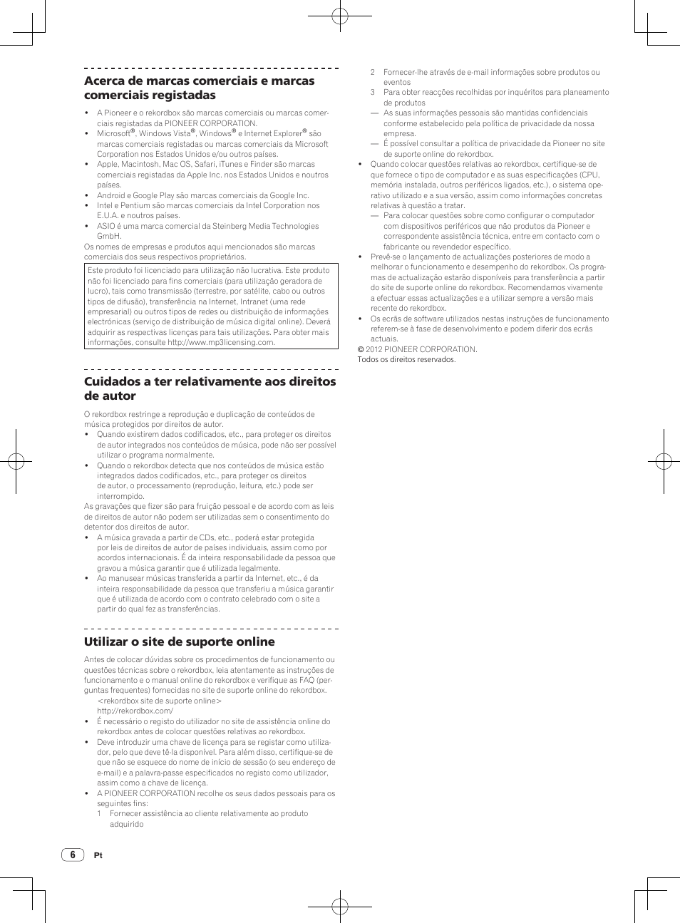 Cuidados a ter relativamente aos direitos de autor, Utilizar o site de suporte online | Pioneer XDJ-AERO User Manual | Page 42 / 60
