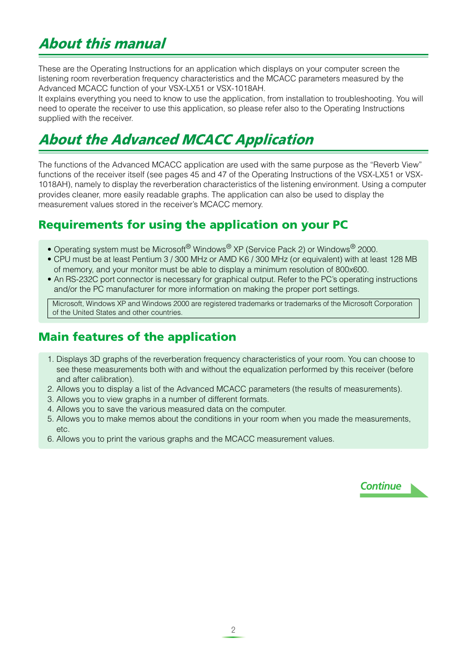 About this manual, About the advanced mcacc application, Requirements for using the application on your pc | Main features of the application, Continue | Pioneer VSX-LX51 User Manual | Page 2 / 37