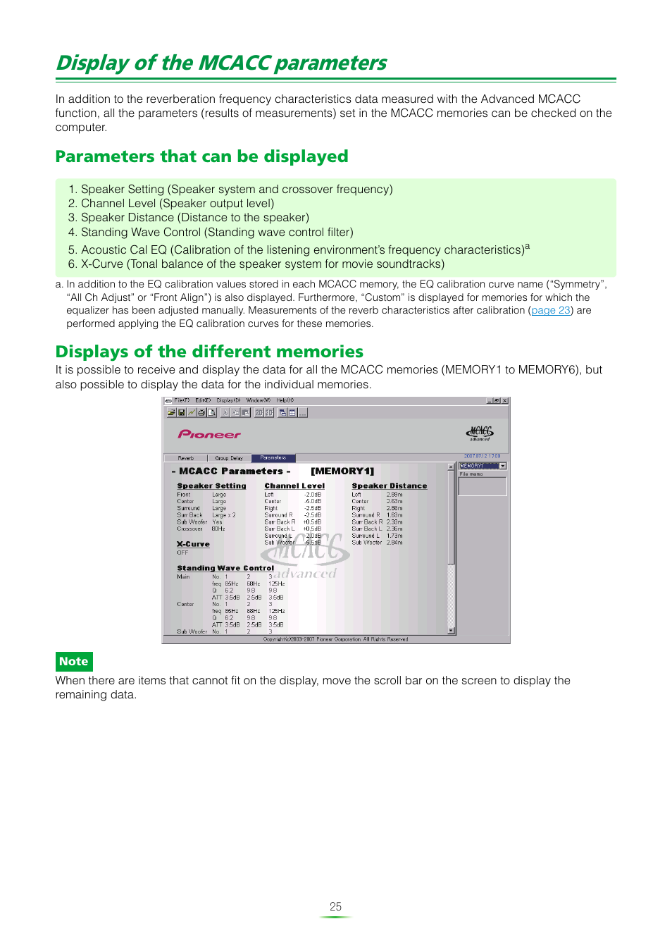 Display of the mcacc parameters, Parameters that can be displayed, Displays of the different memories | Pioneer VSX-LX51 User Manual | Page 25 / 37