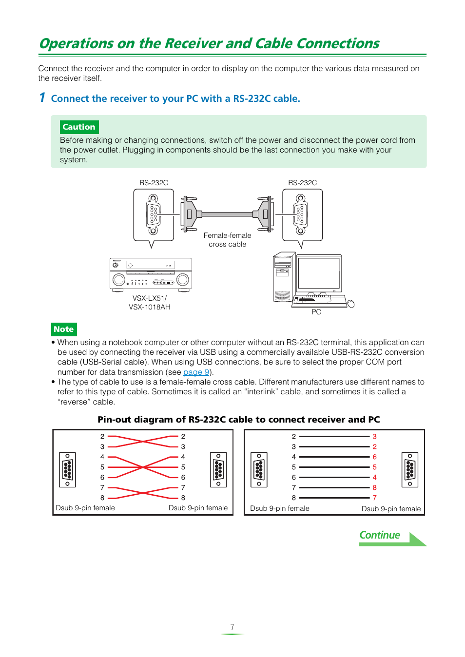 Operations on the receiver and cable connections, Continue | Pioneer VSX-LX51 User Manual | Page 7 / 37