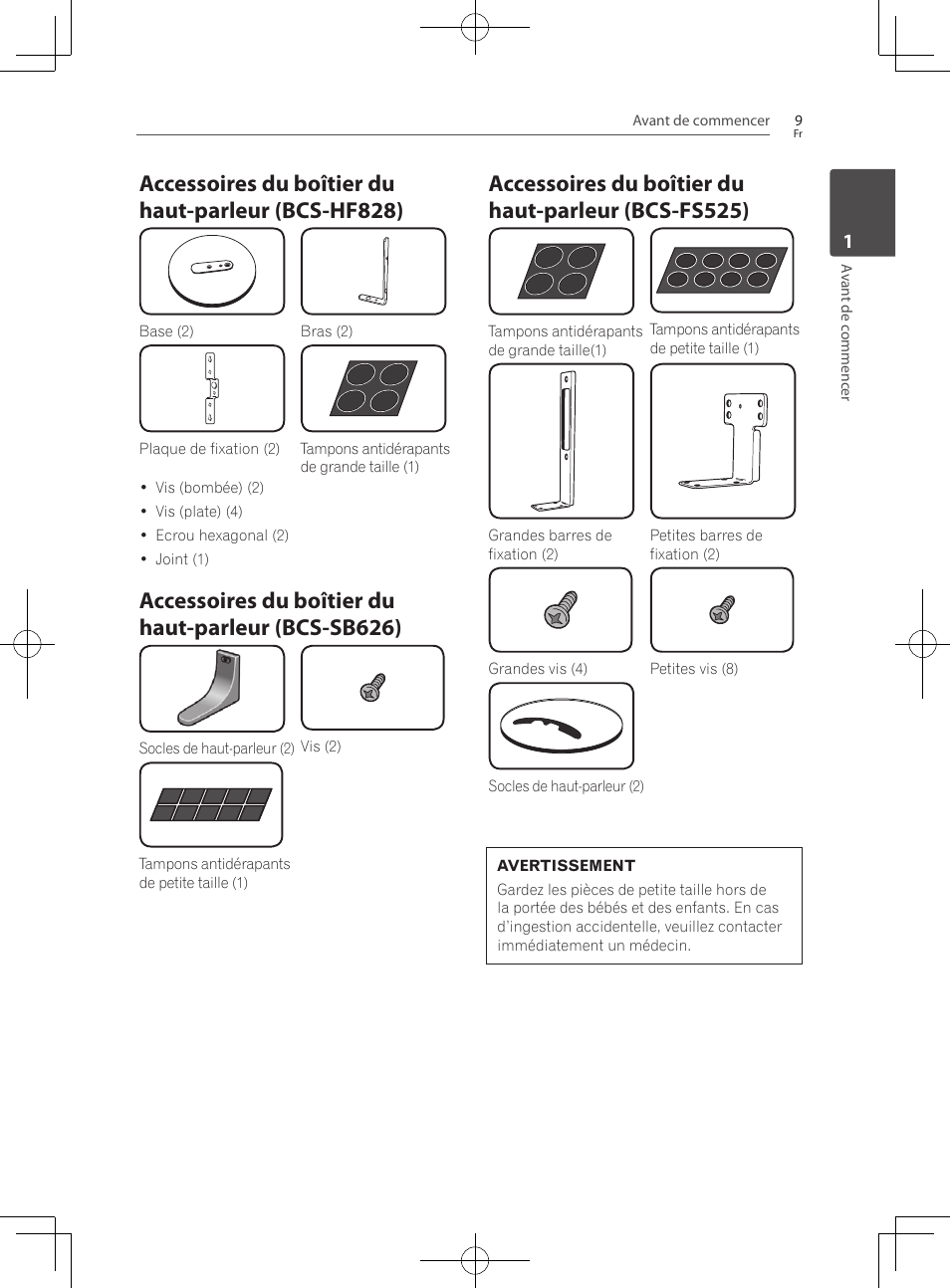 Accessoires du boîtier du haut-parleur (bcs-hf828), Accessoires du boîtier du haut-parleur (bcs-sb626), Accessoires du boîtier du haut-parleur (bcs-fs525) | Pioneer BCS-727 User Manual | Page 105 / 588