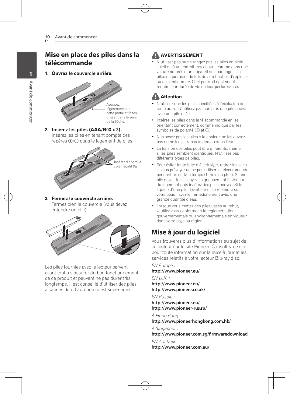 Mise en place des piles dans la télécommande, Mise à jour du logiciel | Pioneer BCS-727 User Manual | Page 106 / 588