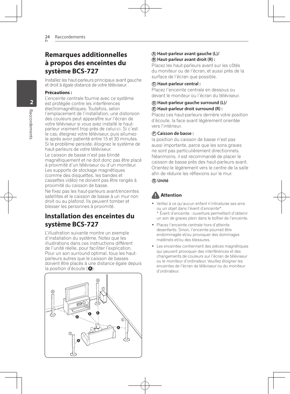 Installation des enceintes du système bcs-727, Raccordements 24, Rac cor demen ts | Haut-parleur avant gauche (l), Haut-parleur gauche surround (l), Unité attention | Pioneer BCS-727 User Manual | Page 120 / 588