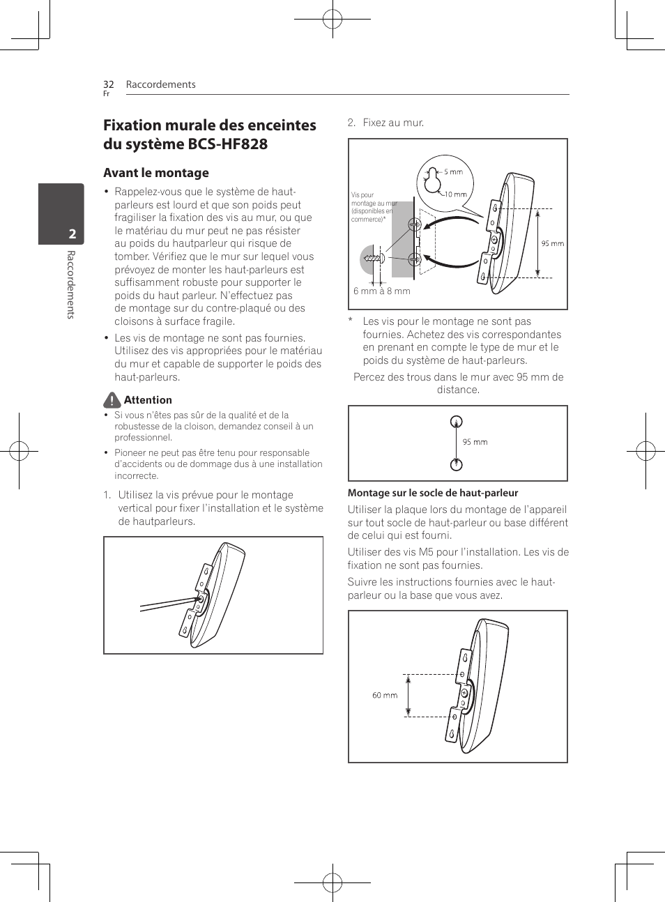 Fixation murale des enceintes du système bcs-hf828, Avant le montage | Pioneer BCS-727 User Manual | Page 128 / 588