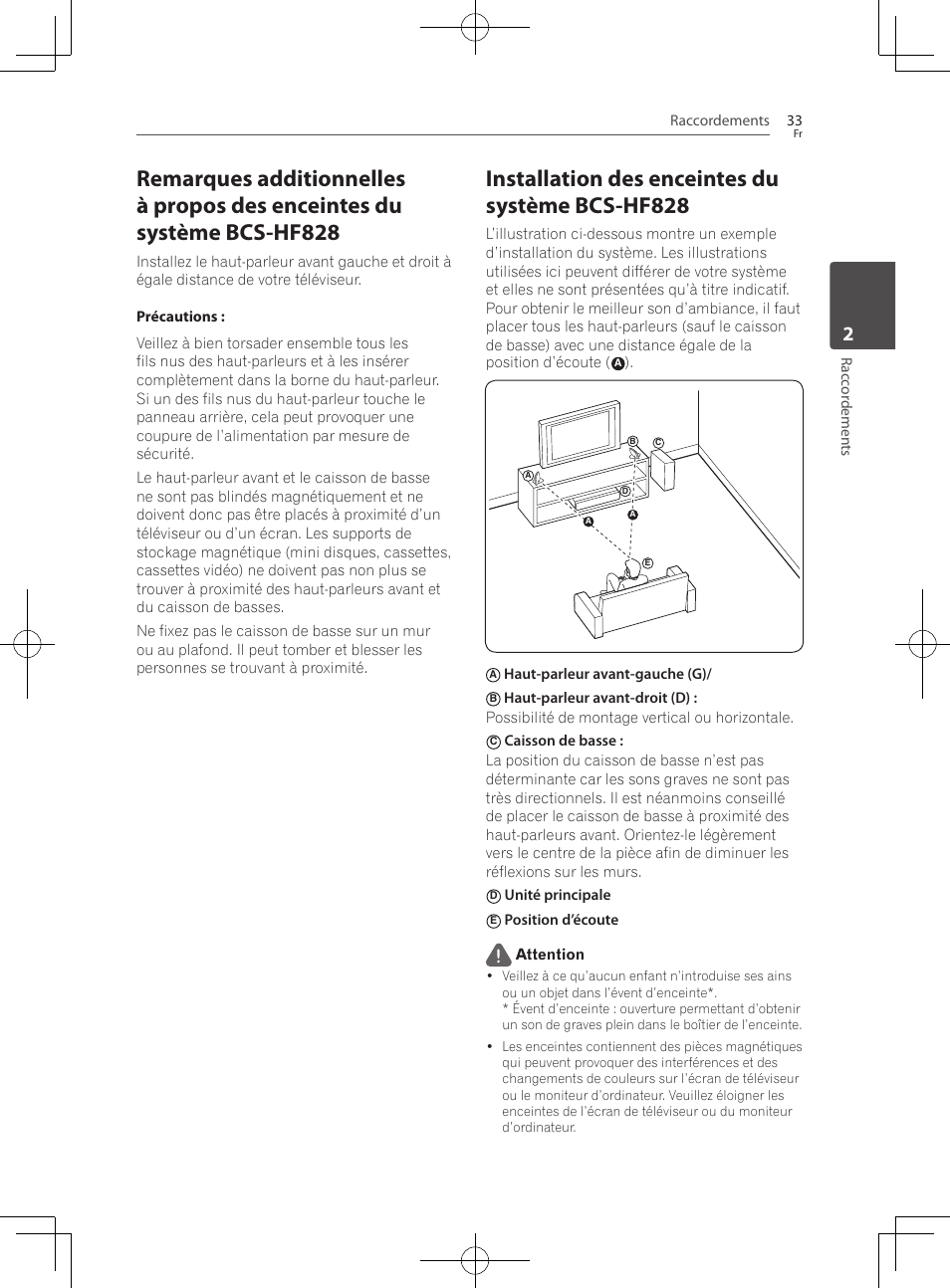 Installation des enceintes du système bcs-hf828, Raccordements 33, Rac cor demen ts | Haut-parleur avant-gauche (g), Unité principale, Position d’écoute attention | Pioneer BCS-727 User Manual | Page 129 / 588