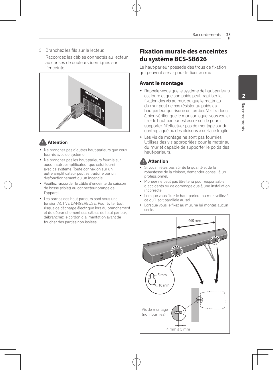 Fixation murale des enceintes du système bcs-sb626, Avant le montage | Pioneer BCS-727 User Manual | Page 131 / 588