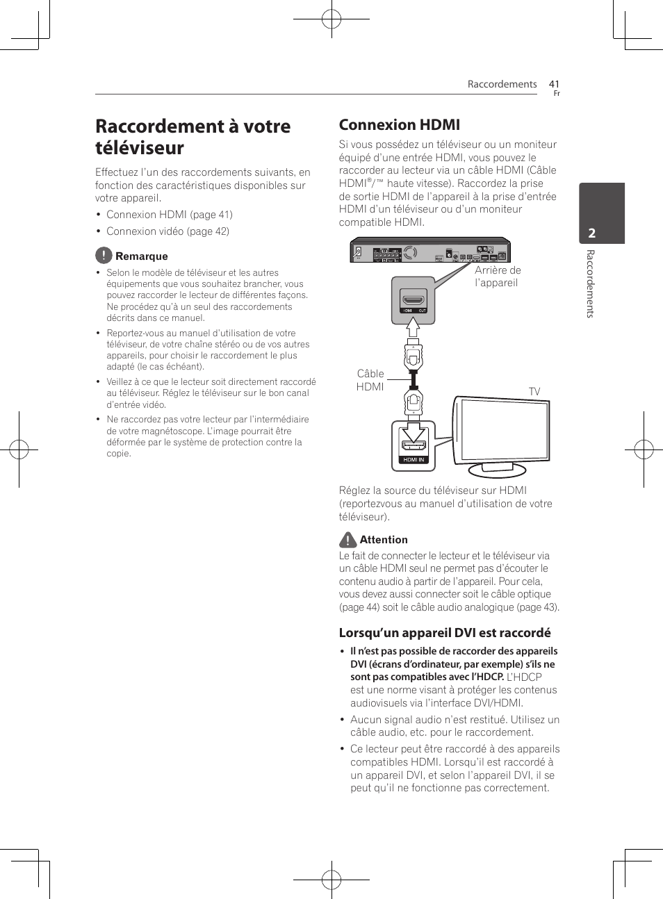 Raccordement à votre téléviseur, Connexion hdmi, Lorsqu’un appareil dvi est raccordé | Pioneer BCS-727 User Manual | Page 137 / 588