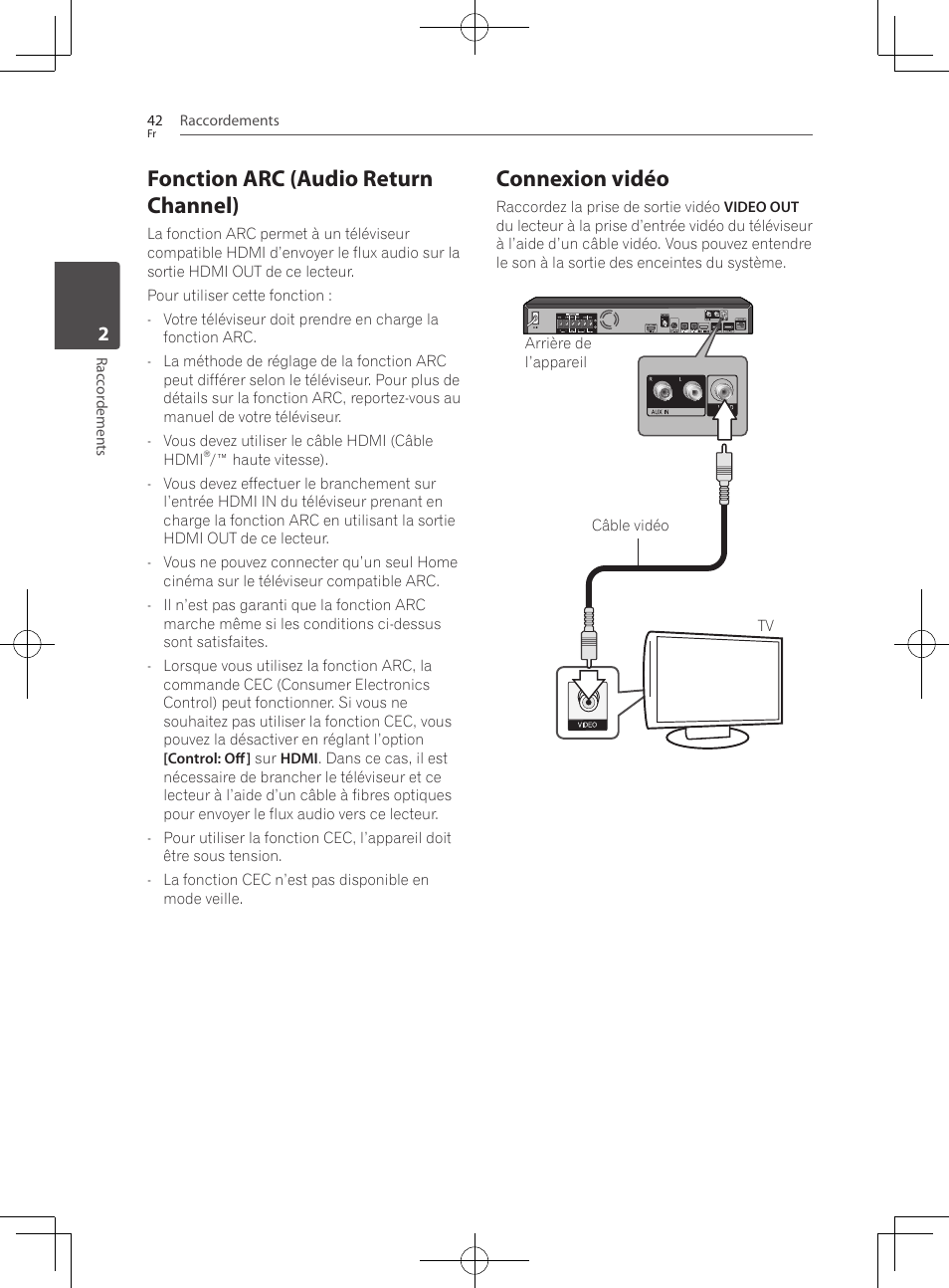 Fonction arc (audio return channel), Connexion vidéo | Pioneer BCS-727 User Manual | Page 138 / 588