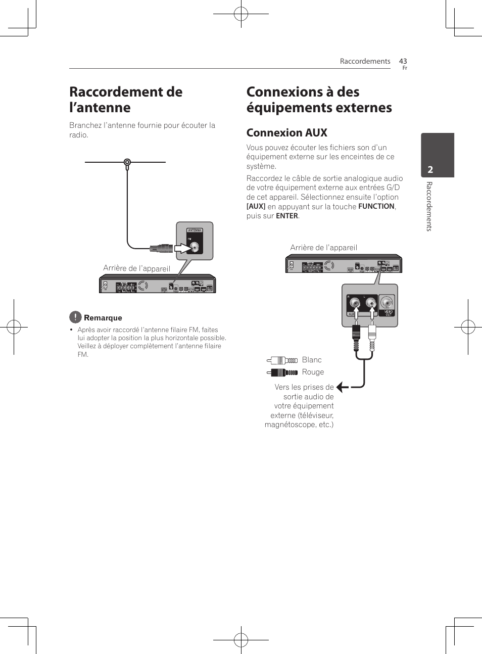 Raccordement de l’antenne, Connexions à des équipements externes, Connexion aux | Pioneer BCS-727 User Manual | Page 139 / 588