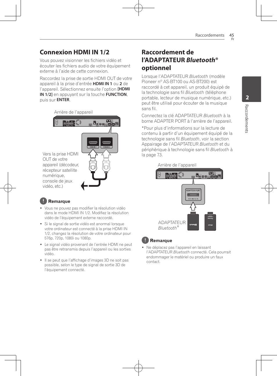 Connexion hdmi in 1/2, Raccordement de l’adaptateur bluetooth ® optionnel | Pioneer BCS-727 User Manual | Page 141 / 588