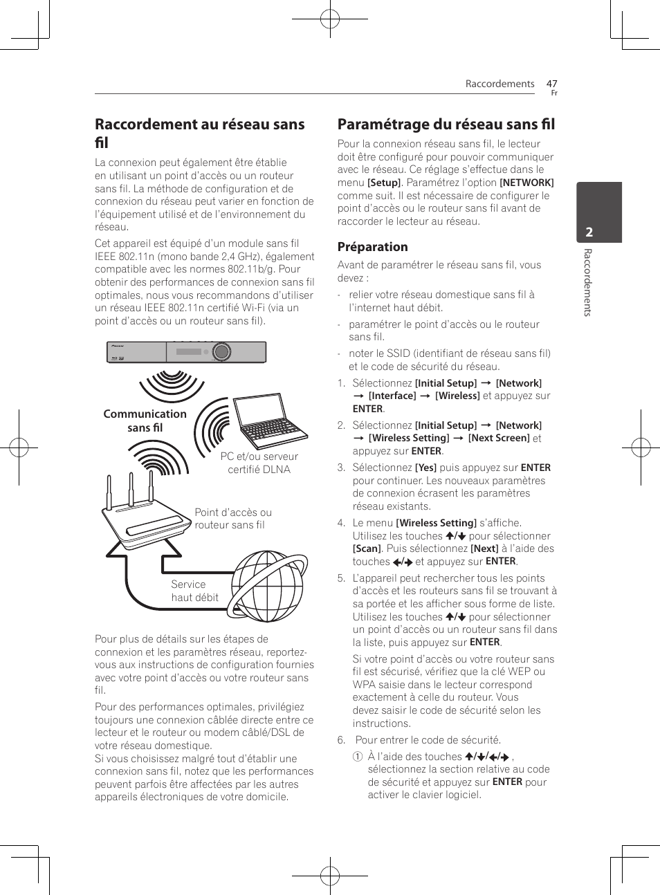 Raccordement au réseau sans fil, Paramétrage du réseau sans fil | Pioneer BCS-727 User Manual | Page 143 / 588