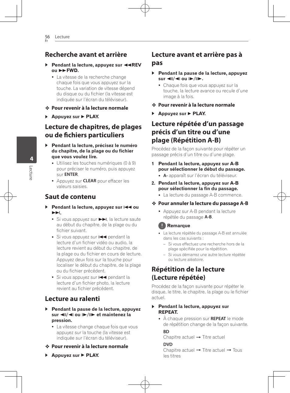 Recherche avant et arrière, Saut de contenu, Lecture au ralenti | Lecture avant et arrière pas à pas, Répétition de la lecture (lecture répétée) | Pioneer BCS-727 User Manual | Page 152 / 588