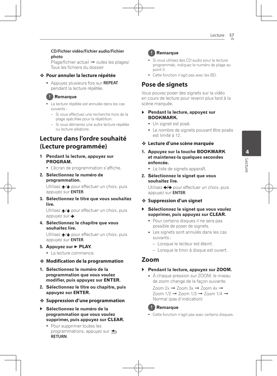 Lecture dans l’ordre souhaité (lecture programmée), Pose de signets, 57 – zoom | Zoom | Pioneer BCS-727 User Manual | Page 153 / 588