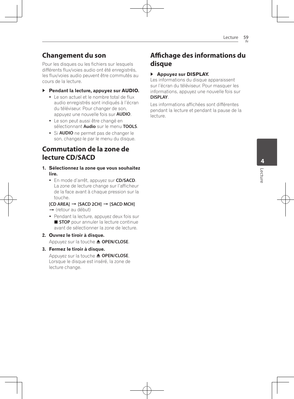 Changement du son, Commutation de la zone de lecture cd/sacd, Affichage des informations du disque | Pioneer BCS-727 User Manual | Page 155 / 588