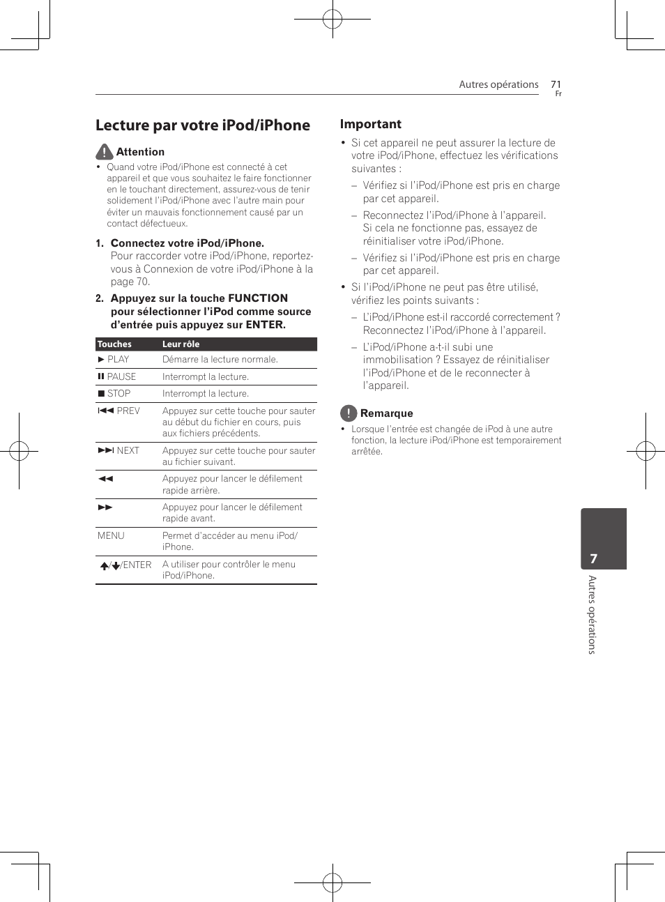 Lecture par votre ipod/iphone, Important | Pioneer BCS-727 User Manual | Page 167 / 588