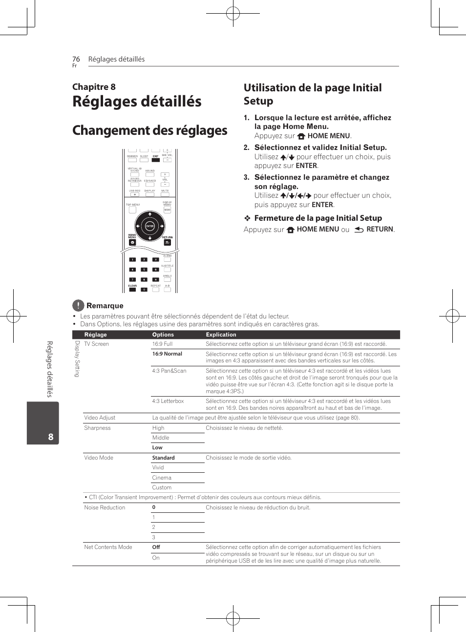 Changement des réglages, Réglages détaillés, Utilisation de la page initial setup | Chapitre 8 | Pioneer BCS-727 User Manual | Page 172 / 588